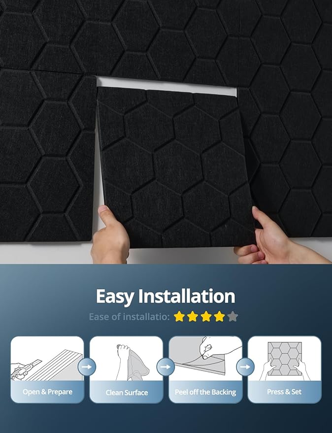 Acoustic Wall Panels Sound Absorbing, Honeycomb Self Adhesive Wall Tiles Panel, 18 Pack Decorative Hexagon Design for Studio, Home Office, Gaming Room, Acoustic Treatment, 12"x12"x0.4", Black