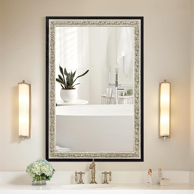 Large Vintage Wall Mirror for Vanity, 40"x28", Black Antique Mirror with Silver Foil Flower Petal Carvings Wooden Frame for Living Room, Entryway, Bathroom and Bedroom