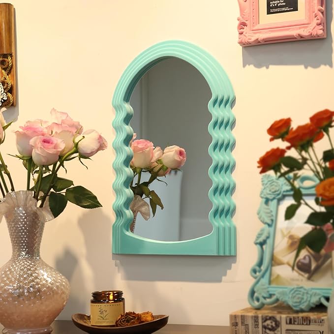 Arched Wall Mirror Home Office Decor, Cute Wall-Mounted Decorative Mirrors for Modern Apartment Bedroom Nusery Room Decoration, Hanging Wall Art Above TV Desk Table Decor (Turquoise Blue)