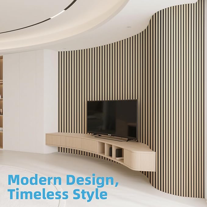 Art3d Acoustic Wood Slat Wall Panel with Roll-Flat Design - 95.3 x 23.8 Inch Sound Absorbing Panels for Living Room Columns Corridor Curved Wall Decor, 2-Pack Oak