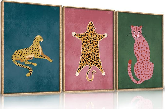 Ausril Cheetah Animals Framed Canvas Wall Art Set, Leopard Preppy Room Wall Decor, Modern Boho Cats Wall Painting, Pink Dot Cartoon Art Print for Living Room Bedroom Dinning Room Office 16"x24"x3