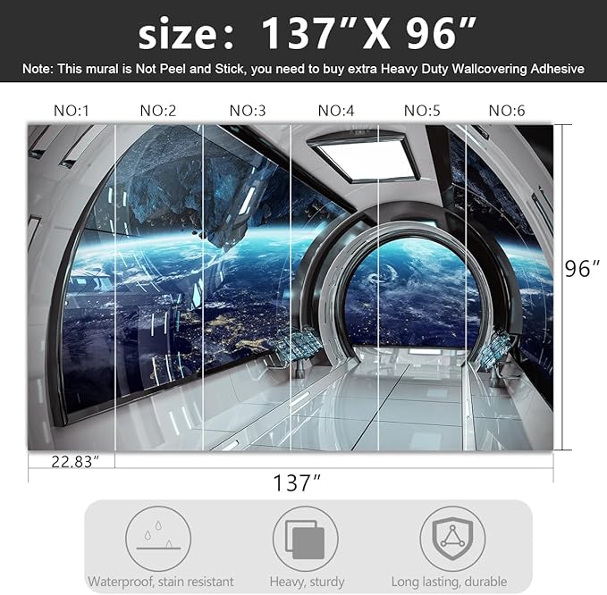 -3D Capsule Space Fabric Wallpaper Living Room Bedroom Bathroom Boys Girls Children's Room Spaceship Large Mural- 137"x96"（ not Peel and Stick）