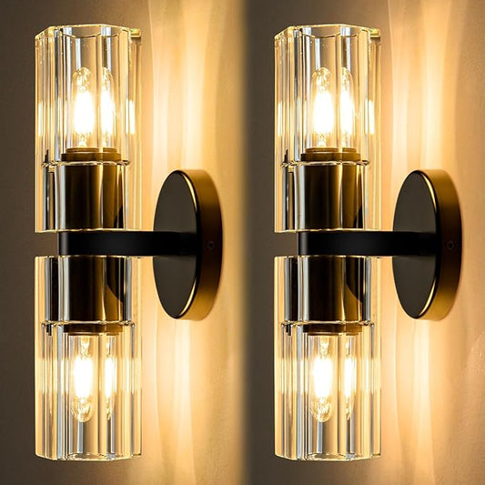 Black Crystal Wall Sconces Set of Two, Wall Sconce Set of 2, Black Sconces Wall Lighting with K9 Crystal Lampshade, Wall Lights for Bedroom Living Room Bathroom Hallway