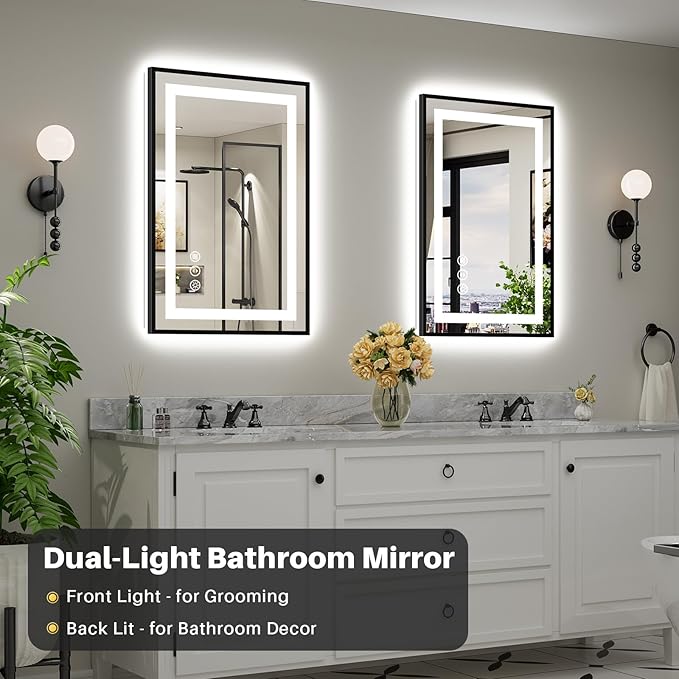 24x36 Inch LED Bathroom Mirror with Black Frame, Backlit & Front Lit, Anti-Fog Lighted Bathroom Vanity Mirror for Wall, Memory Function, Dimmable, HD Tempered Glass, Shatter-Proof