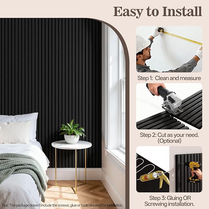 4 Pack Wood Panels for Wall, 94.4" x 12.6" Acoustic Wood Slat Wall Panel for Interior Decor & Noise Reduction, Soundproof Panel, Sound Absorbing 3D Textured Panels - Black