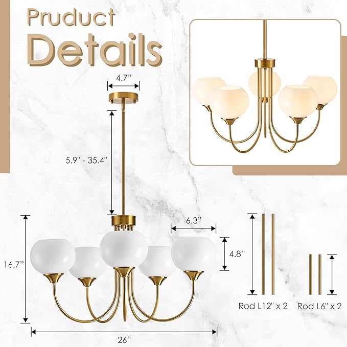 Modern Globe Chandelier 5 Light Mid Century White Milk Glass Vintage Sputnik Hanging Chandeliers Gold Pendant Light Fixtures for Dining Room Kitchen Living Room Bedroom