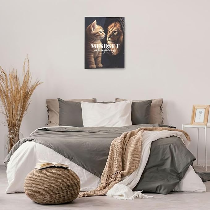 Motivational Lion And Cat Wall Art For Kids Mindset Is Everything Nursery Canvas Wall Decor Inspirational Pictures Paintings Prints Artwork Framed Decorations For Children's Room Bathroom Bedroom Living Room Office Gifts 16" x 20"
