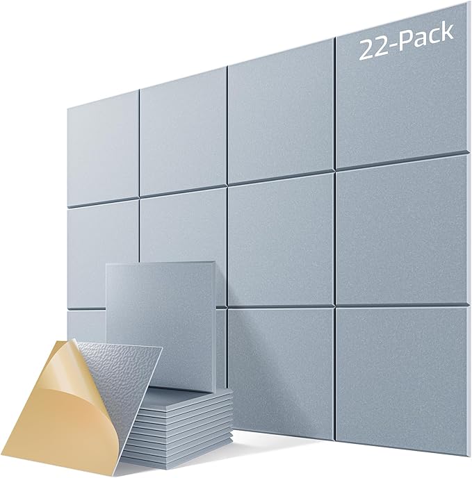 22 Pack Self-Adhesive Acoustic Panels, 12" X 12" X 0.4" High-Density Sound Proof Foam Panels for Walls, Soundproof Wall Panels for Home & Office (Smoke Gray)