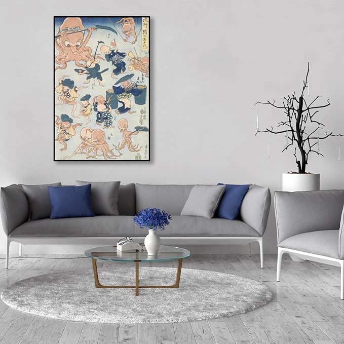 OKRA Utagawa Kuniyoshi Canvas Wall Art Octopus Games of Sumo Wrestling Poses Poster Japanese Ukiyo-E Woodcut Art Animal Nature Landscape Poster Japanese Classic Wall Decor Unframed 12×18in/30×45cm