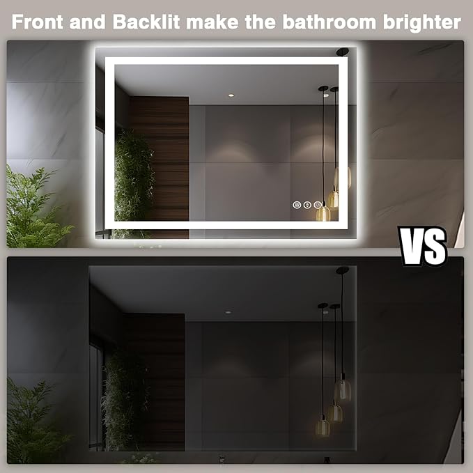 44"x36" LED Light Mirror for Bathroom (Front and Backlit), Anti-Fog Bathroom Vanity Mirror, Stepless Dimmable Lighted Mirror, Tempered Glass, Memory (Horizontal/Vertical)
