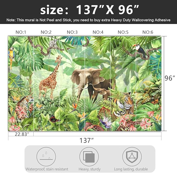 -Green Rainforest Plants Animals Tiger Cloth Wallpaper Jungle Plants Banana Leaves Boys Girls Kindergarten Children's Room Large Mural- 137"x96"（ not Peel and Stick）