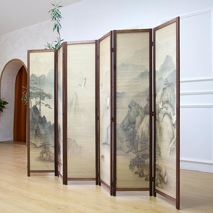 6 Panel Room Divider Screen and Folding Panel Screen,Double Sided Bamboo Divider for Room Separation,Mountains and Waters Landscape,67" H x 94.5" W