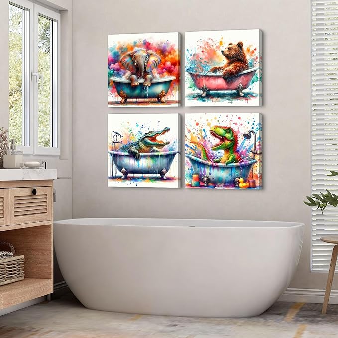 Kids Bathroom Funny Animals Wall Art Watercolor Elephant Dinosaur in Bathtub Pictures Canvas Prints Cute Bear Crocodile Shower Painting Framed Artwork Toddler Nursery Playroom Home Decoration 16x16”4P
