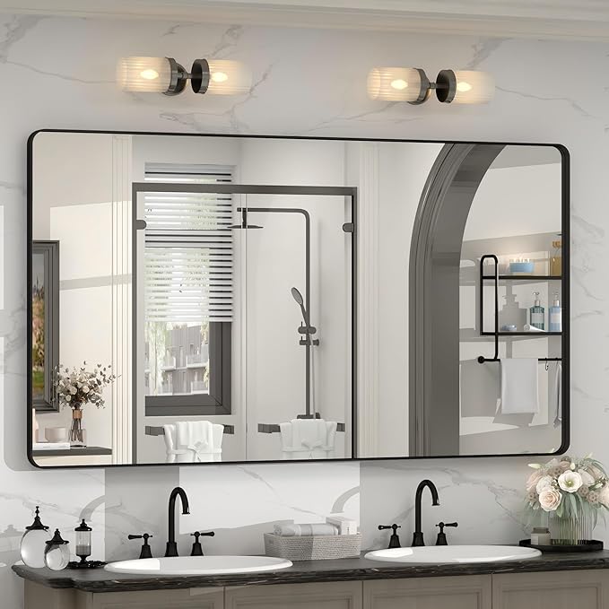 72x36 Inch Black Framed Bathroom Mirror for Wall, Large Matte Metal Framed Wall Mirror, Rounded Rectangle Vanity Mirror, Tempered Glass, Anti-Rust, Shatterproof (Horizontal/Vertical)