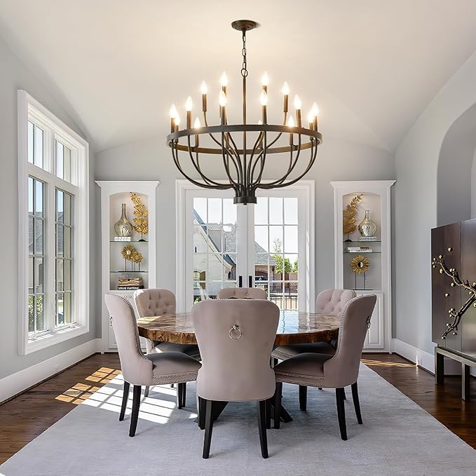 Black Farmhouse Chandelier 32-Inch, 18-Light Dining Room Chandelier, Modern Industrial Candle Chandeliers for Living Room Entryway Foyer E12