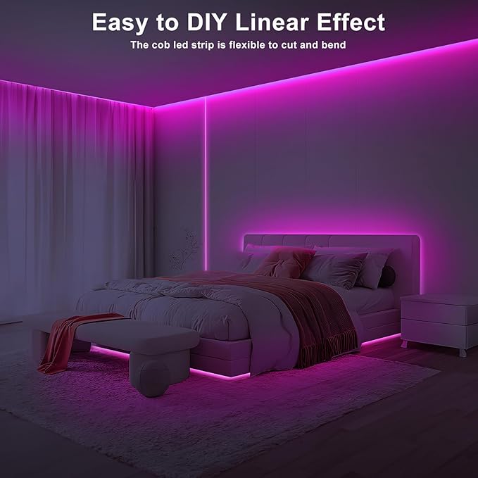 16.4ft Pink COB Led Strip Lights with RF Remote, Dimmable Bright Adhesive Indoor Led COB Light Strip for Cabinet, Painting, Room, Bed