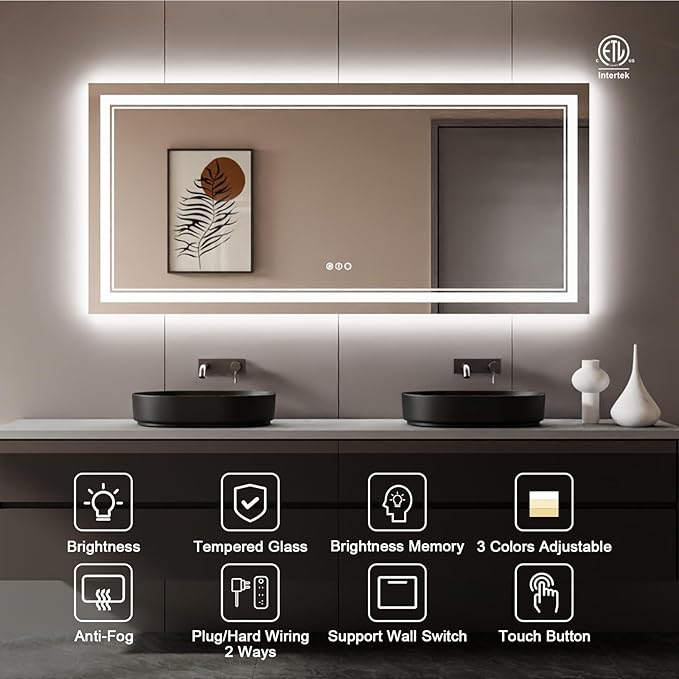 77x36 Inch LED Bathroom Mirror with Lights, Backlit and Front Lighted Bathroom Mirrors for Wall, Anti-Fog Dimmable Memory Shatterproof LED Vanity Mirror for Bathroom