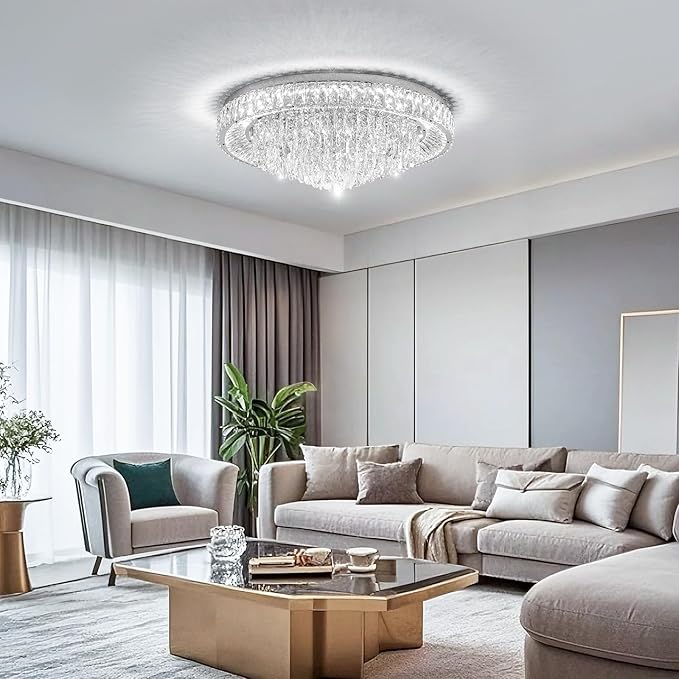 30" Ceiling Crystal Chandeliers: K9 Crystals 3 Color Temperature Led Light Dimmable with Remote - Modern Silver Chandelier Crystal Flush Mount Ceiling Lights for Dining Room, Living Room, Bedroom