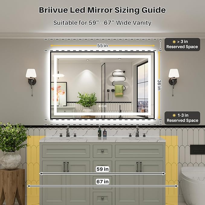55x36 Inch LED Bathroom Mirror with Black Frame, Backlit & Front Lit, Anti-Fog Lighted Bathroom Vanity Mirror for Wall, Memory Function, Dimmable, HD Tempered Glass, Shatter-Proof