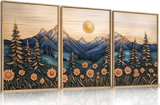 Large Natural Floral Mountain Framed Canvas Wall Art,Vintage Forest Wall Decor,Boho Abstract Moonlight Landscape Artwork,Mid Century Scenery Art Print for Living Room,Bedroom,Office- 24"x36"x3