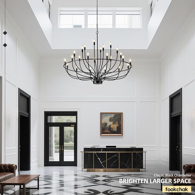 24 Light Black Chandelier 51'' Large Candle Chandeliers for High Ceiling Foyer Modern Farmhouse Chandelier Light Fixture for Large Living Room Dining Room Stairs Entry Restaurant Hotel