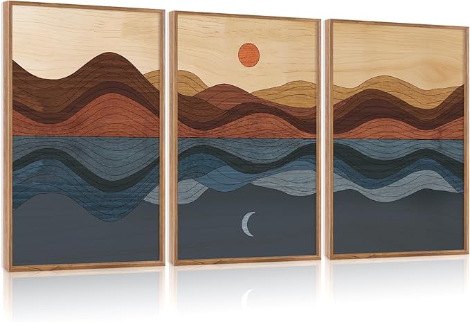 CHDITB Sunrise Moon Landscape Framed Canvas Wall Art, Nature Mountain Sea Wall Decor, Minimalist Artwork Abstract Waves Line Painting, Vintage Prints for Living Room Beach House Office-16 x24 x3