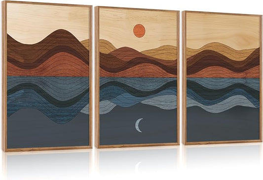 CHDITB Sunrise Moon Landscape Framed Canvas Wall Art, Nature Mountain Sea Wall Decor, Minimalist Artwork Abstract Waves Line Painting, Vintage Prints for Living Room Beach House Office-16 x24 x3