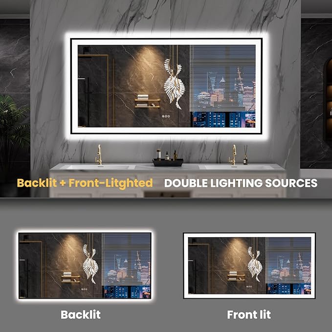 LOAAO 72"X36" LED Bathroom Mirror Black Framed, Anti-Fog, Dimmable, Lighted Bathroom Vanity Mirror for Wall, Memory Function, Tempered Glass