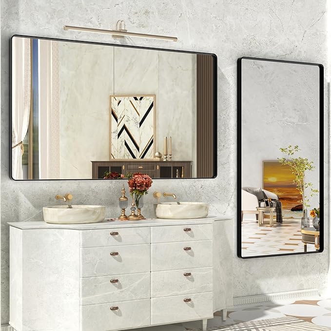 55x30 Inch Black Metal Framed Bathroom Mirror for Wall, Large Matte Black Bathroom Vanity Mirror,Rounded Rectangle Mirror,Anti-Rust,Tempered Glass (Horizontal/Vertical)
