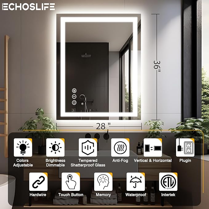 28"x36" LED Bathroom Mirror for Wall, Front and Backlit, Anti-Fog Vanity With Lights, Stepless Dimmable, 3 Colors Smart (Horizontal/Vertical)