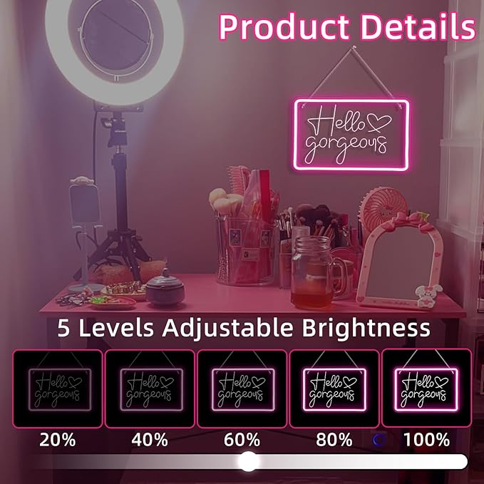 Lucunstar Hello Gorgeous Neon Sign,Led Sign,Pink Led Neon Light for Wall Decor,Neon Signs for Wall Decor,Light Sign for Wedding,Dimmable Switch USB with Neon Sign for Bedroom,Home Decor