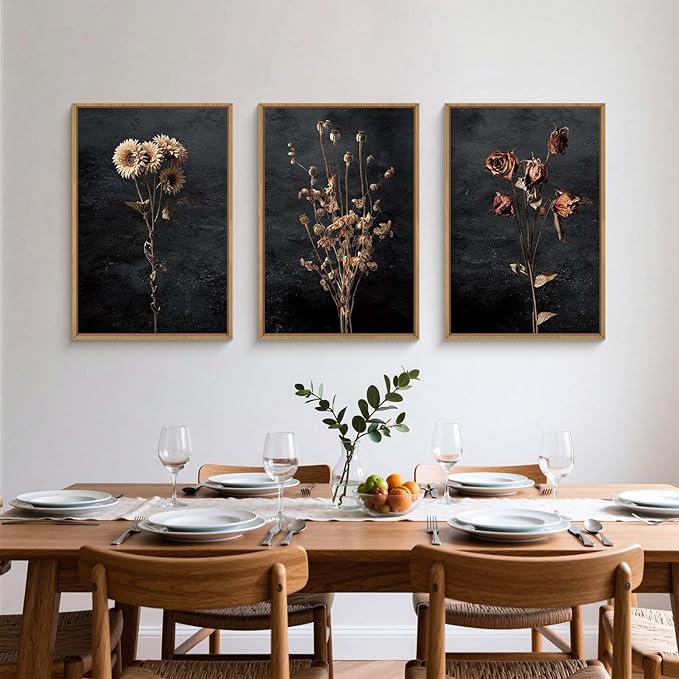 Large Moody Dark Floral Framed Canvas Wall Art,Vintage Dried Flowers Wall Decor,Modern Retro Wildflowers Artwork,Mid Century Boho Botanical Art Print for Living Room,Bedroom,Office- 24"x36"x3
