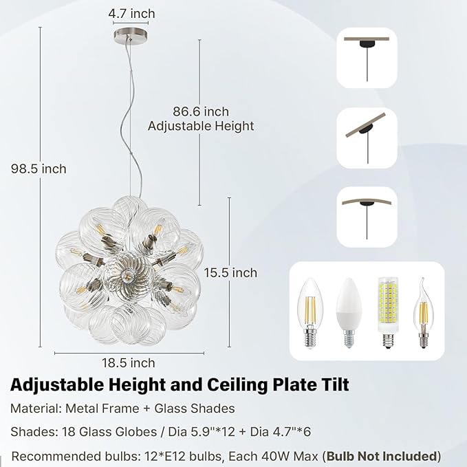 Modern Nickel Glass Bubble Chandelier: 18.5" Nordic Swirled Glass Bubble Light Chandelier - Globe Ball Dining Room Light Fixture Chandeliers for Entryway Foyer Bedroom Bathroom Kitchen Living Room