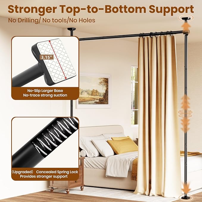 Bonpally Room Divider Curtain Rod, No Drilling Room Separator for Space Partition, 4-10ft (H) 28-70 inch(W) Adjustable Heavy Duty Temporary Wall Divider Floor to Ceiling Tension Rod, Black