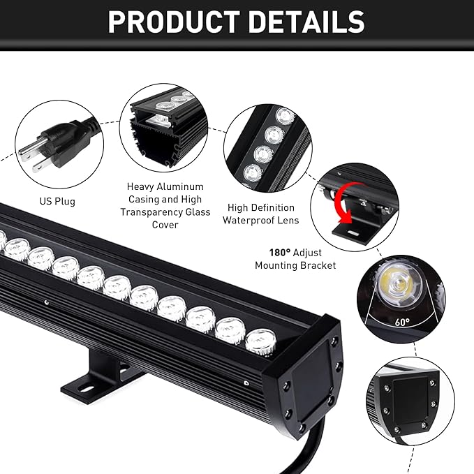 LED Wall Washer Light Bars Super Bright,54W 6000K Daylight White Outdoor LED Light Bar,IP67 Waterproof Heavy Duty Linear Strip Light for Landscape Church Ads Yard Building Lighting(6480 Lumen,40 Inch)