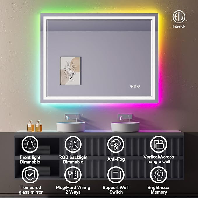 40x30 Inch RGB LED Bathroom Mirror with Lights, Color Changing RGB Backlit LED Mirror for Bathroom,Lighted Vanity Mirrors for Bathroom Wall, Dimmable, Anti-Fog (RGB Backlit+Front-Lit)