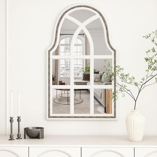 36x22 inches Arched Window Wall Mirrors with Grids, White Farmhouse Wooden Arch Mirror for Dresser, Bedroom, Stairways, Entryway and Living Rooms Decorative