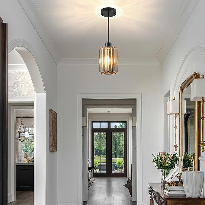 Modern Mini Crystal Pendant Lights Chandeliers Adjustable Sloped LED Hanging Ceiling Fixture Glass small Crystals for Kitchen Island Bathroom Living Room, Dining Room, Hallway, Bar 1PC (Black)