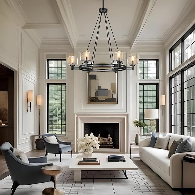 Black Round Crystal Chandelier, 36" K9 Crystal Chandeliers for Dining Room Over Table, Wagon Wheel Chandeliers for Dining Room,Living Room,Foyer,Includes 6XE12 Bulbs