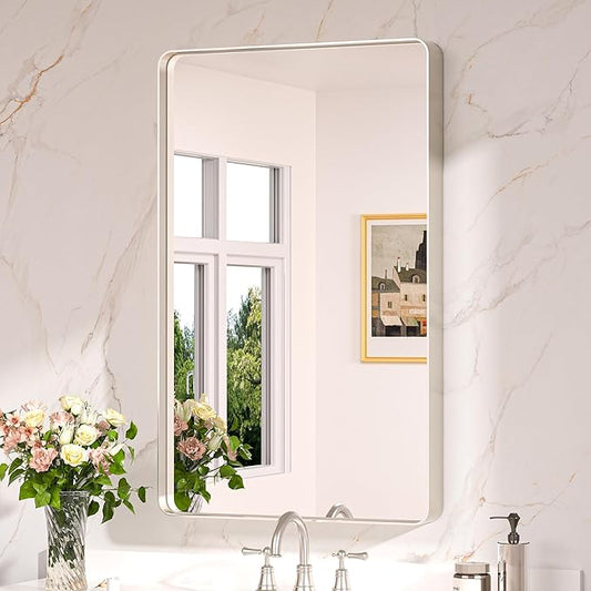 Keonjinn 40 x 24 Inch Brushed Nickel Bathroom Mirrors for Over Sink, Rounded Rectangle Silver Bathroom Vanity Mirror, Farmhouse Mirror for Wall, HD Tempered Glass, Anti-Rust Aluminum Alloy Mirror