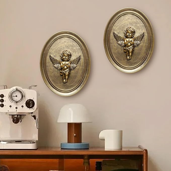 Newinhome Vintage Cherub Wall Sculptures Set of 2 Antique Wall Decor Oval Aesthetic Room Decor Vintage Decoration for Living Room Hallway and Bedroom (Gold Cherubs)