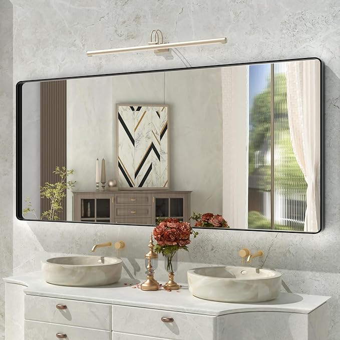 Matte Black Bathroom Mirror,72x32 Inch Large Black Metal Frame Vanity Mirror,Round Corner Black Rectangle Mirror for Wall,Tempered Glass,Anti-Rust(Horizontal/Vertical)