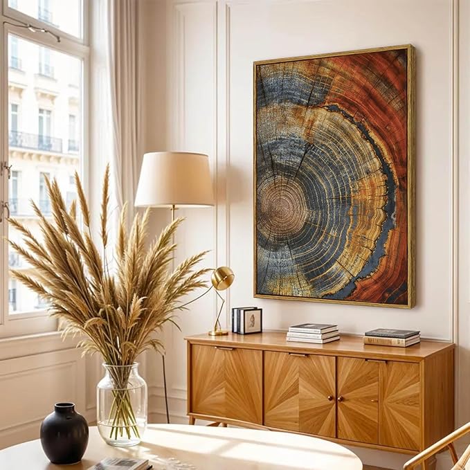 BingruiArt Large Framed Tree Ring Canvas Wall Art Red and Gold Abstract Wood Wall Decor Boho Modern Colorful Nature Prints Pictures for Living Room Bedroom Bathroom 24"x36" Natural Framed(03)