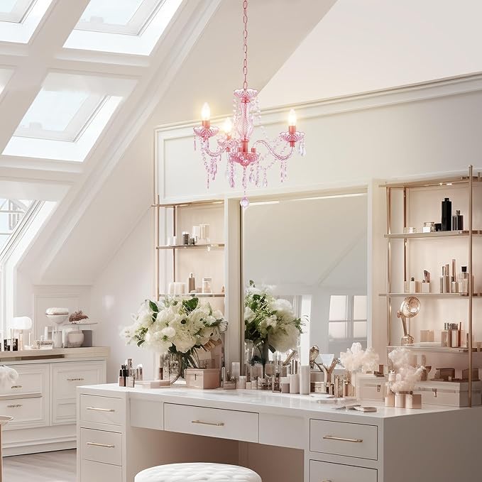 Luvkczc Crystal Chandelier, 3-Light Modern K9 Acrylic Crystal Chandelier for Dining Room, Pendant Ceiling Lighting Fixture for Bedroom, Living Room, Dining Room, Entryway Pink