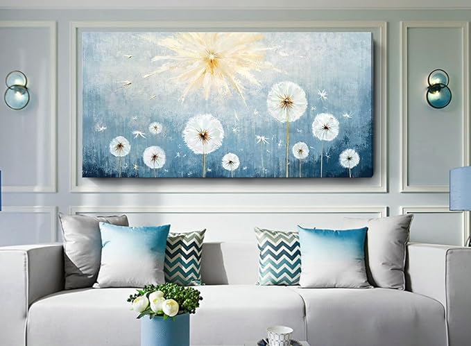 Nicetop Oversized Wall Art for Living Room – Extra Large Blue and White Floral Landscape Canvas Print, Botanical Wildflower Dandelion Picture, Nature Artwork for Big Bedroom Office Decor, 58x29 Inch