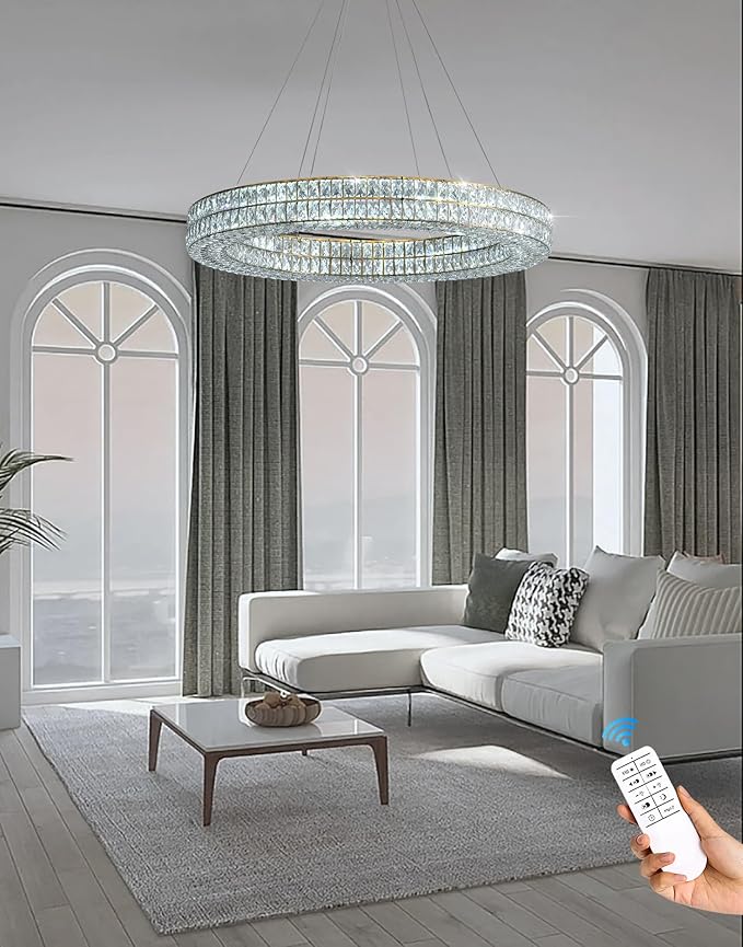 Led 24" Gold Ring Crystal Chandelier, Modern Dimmable Chandeliers Lighting and Hanging Adjustable, LED Round Ceiling Light Fixtures for Dining Room Living Room