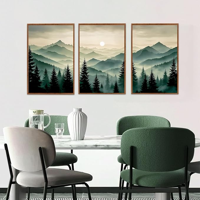 LHIUEM Abstract Mountain Wall Art,Boho Forest Pictures Set of 3(16”X24”) Framed Canvas Print Dark Green Pine Tree,Big Foggy Sun Green Mountain Painting,Sage Green Wall Art for Bedroom Living Room