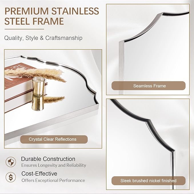 ANDY STAR Scalloped Arched Mirror, 24x36 Inch Brushed Nickel Mantle Mirror with Stainless Steel Metal Frame, Modern Silver Wall Mirrors for Bathroom, Living Room, Entryway, Wall Mounted Vertically