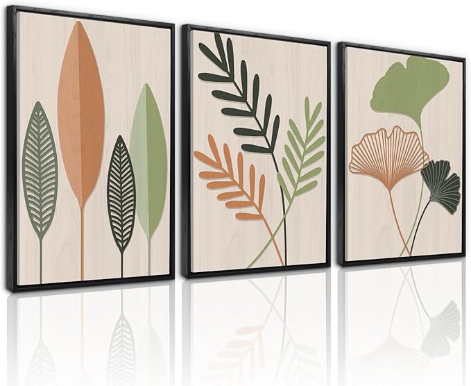 LHIUEM Framed Botanical Wall Art Leaf Art Pieces Zen Canvas Wall Art Set of 3(12”X16”) Boho Bedroom Wall Decor Sage Green Pictures Unique Plants Prints Colorful Modern Artworks for Living Room Office