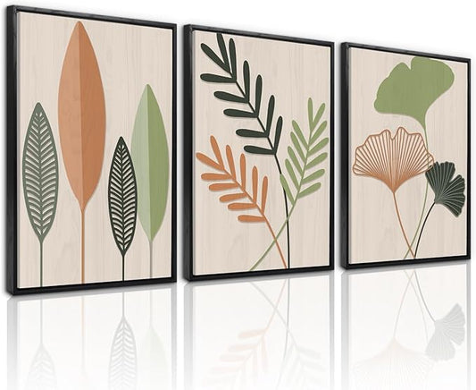 LHIUEM Framed Botanical Wall Art Leaf Art Pieces Zen Canvas Wall Art Set of 3(12”X16”) Boho Bedroom Wall Decor Sage Green Pictures Unique Plants Prints Colorful Modern Artworks for Living Room Office